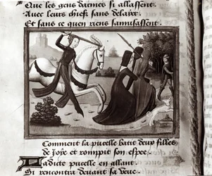 Fr 5054 Joan of Arc（1412-31）がチャールズ7世のVigilsから、c.1484の軍キャンプから売春婦を運転した